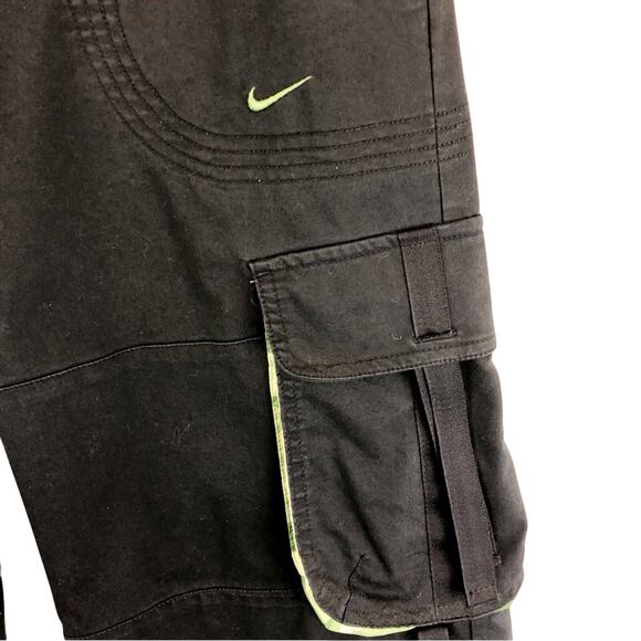 Y2k Vintage Nike Dri Fit Black Cargo Pants Green Camo Trim Roll Cuffs Pockets - Picture 4 of 16